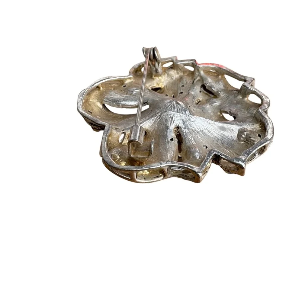 Vintage‎ Aurora Borealis Rhinestone Ribbon Brooch Pin Open Work Silver Tone